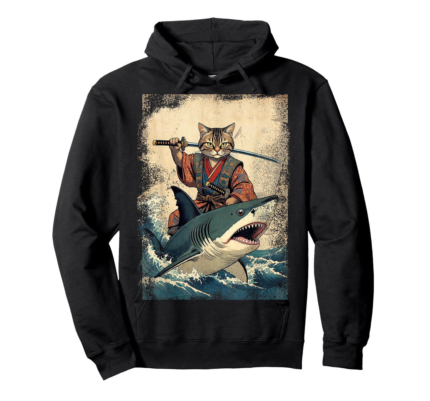 Vintage Samurai Cat Riding a Shark in Japanese Art Anime T-Shirt