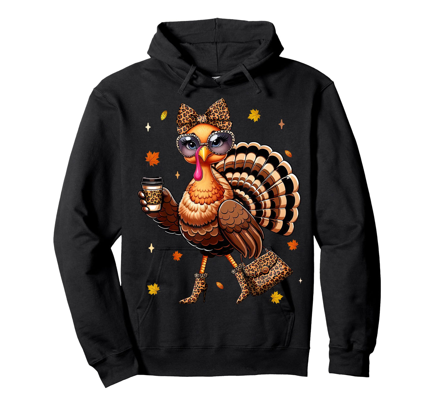 Leopard Turkey Drinking Coffee Thanksgiving Women Turkey Day T-Shirt