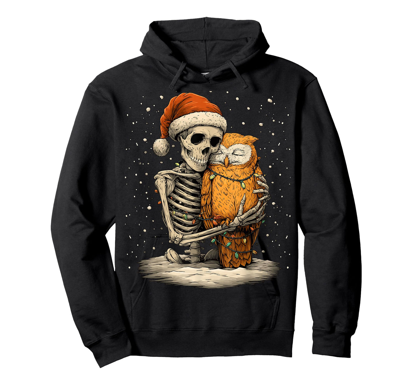 Skeleton Hugging an Owl with Santa Hat Snow Gothic Christmas T-Shirt