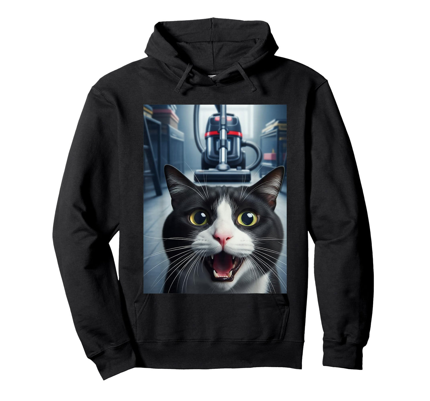 Funny Tuxedo Cat Selfie with Vacuum Chase Meme T-Shirt