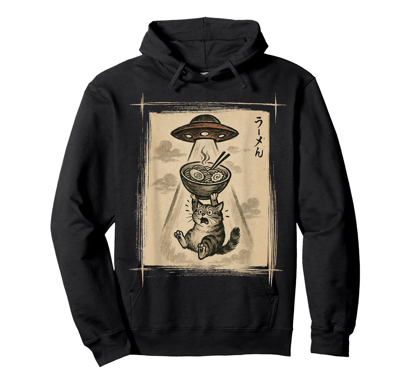 Vintage Cat vs UFO Ramen Japanese Art Kawaii Funny Abduction T-Shirt