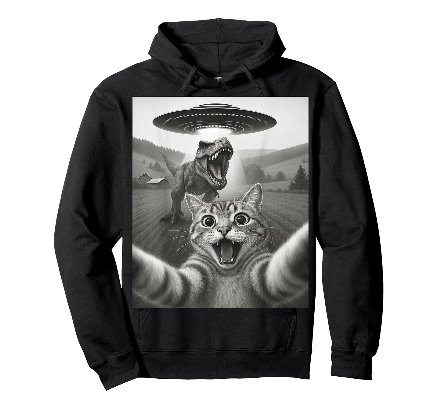 Cat Selfie with Alien UFO & T-Rex Dinosaur Funny Cat Gifts T-Shirt