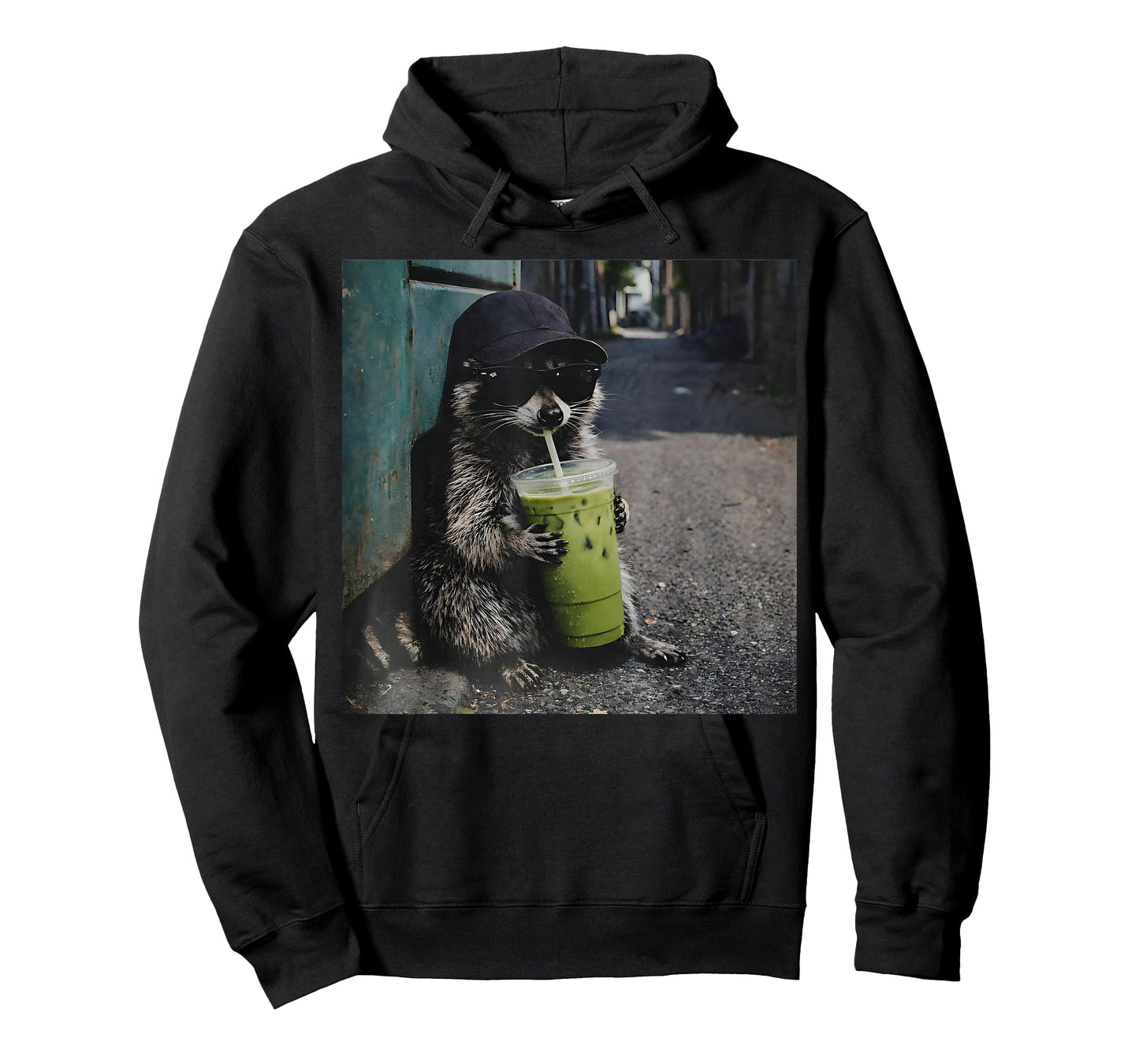 Raccoon Drinking Matcha Latte Funny Animal Meme Men Women T-Shirt