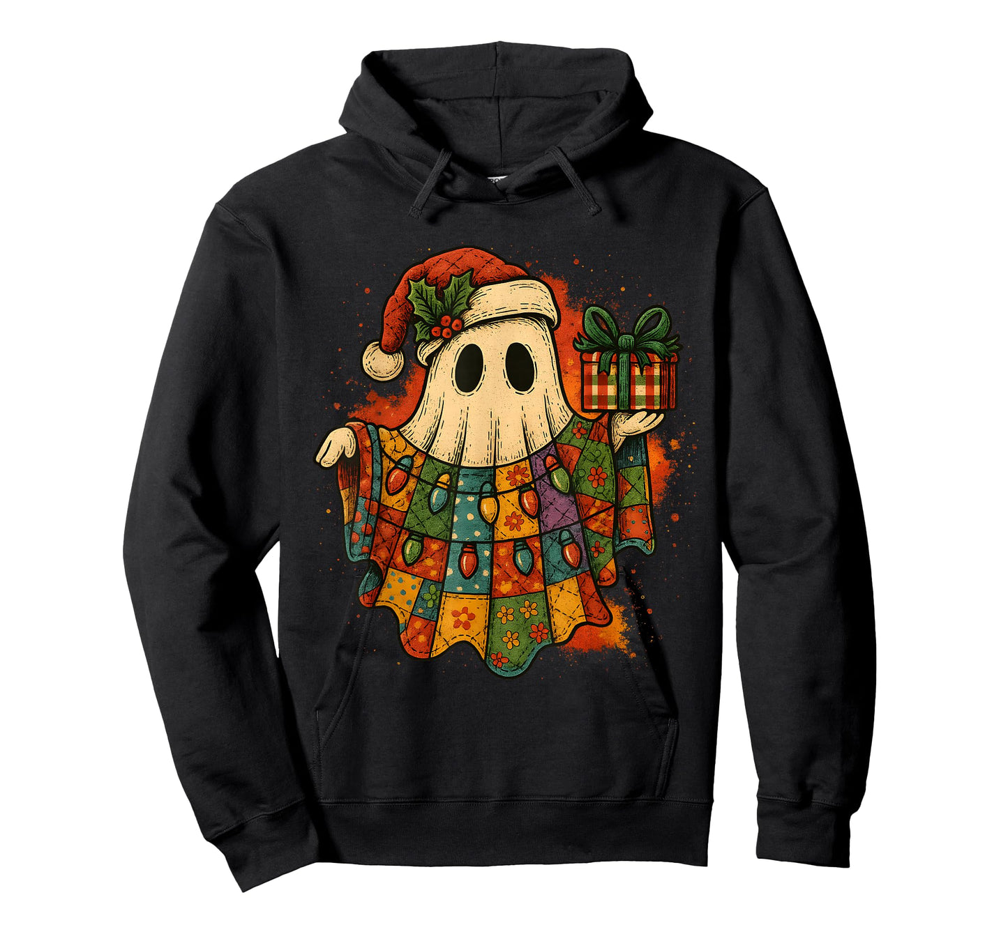 Vintage Christmas Ghost Patchwork Lights Design T-Shirt