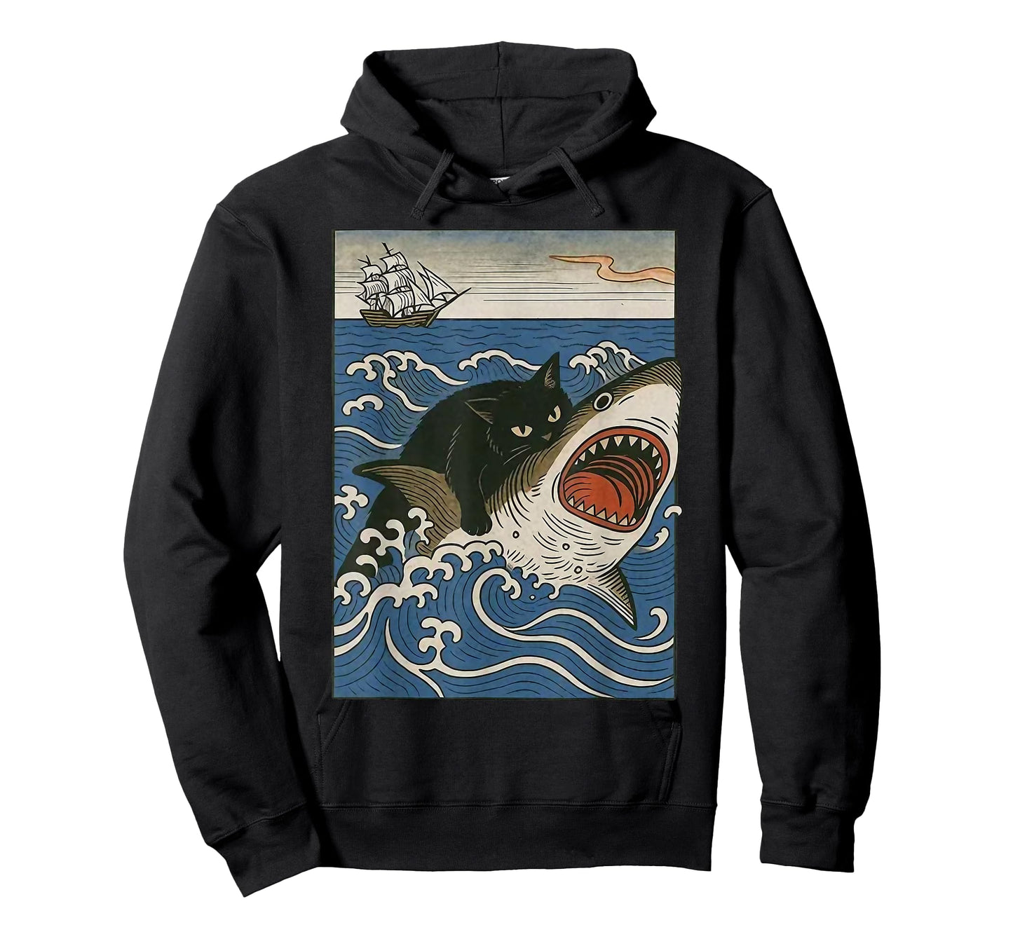 Black Cat Hunting Shark Ukiyoe Ocean Art Japanese Style T-Shirt