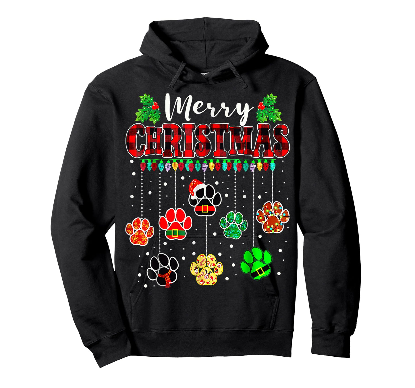 Merry Christmas Lights Dog Paw Xmas T-Shirt