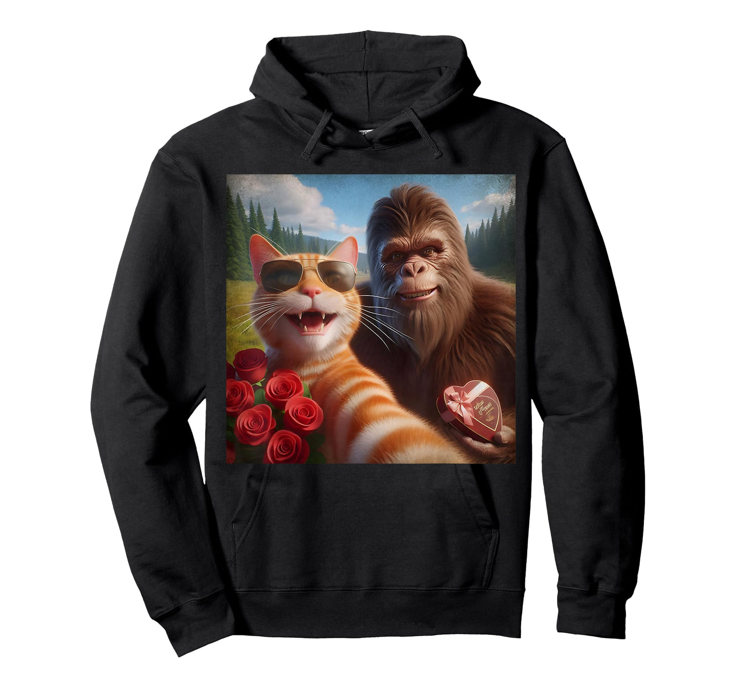 Funny Valentine Cat and Bigfoot Selfie Meme T-Shirt