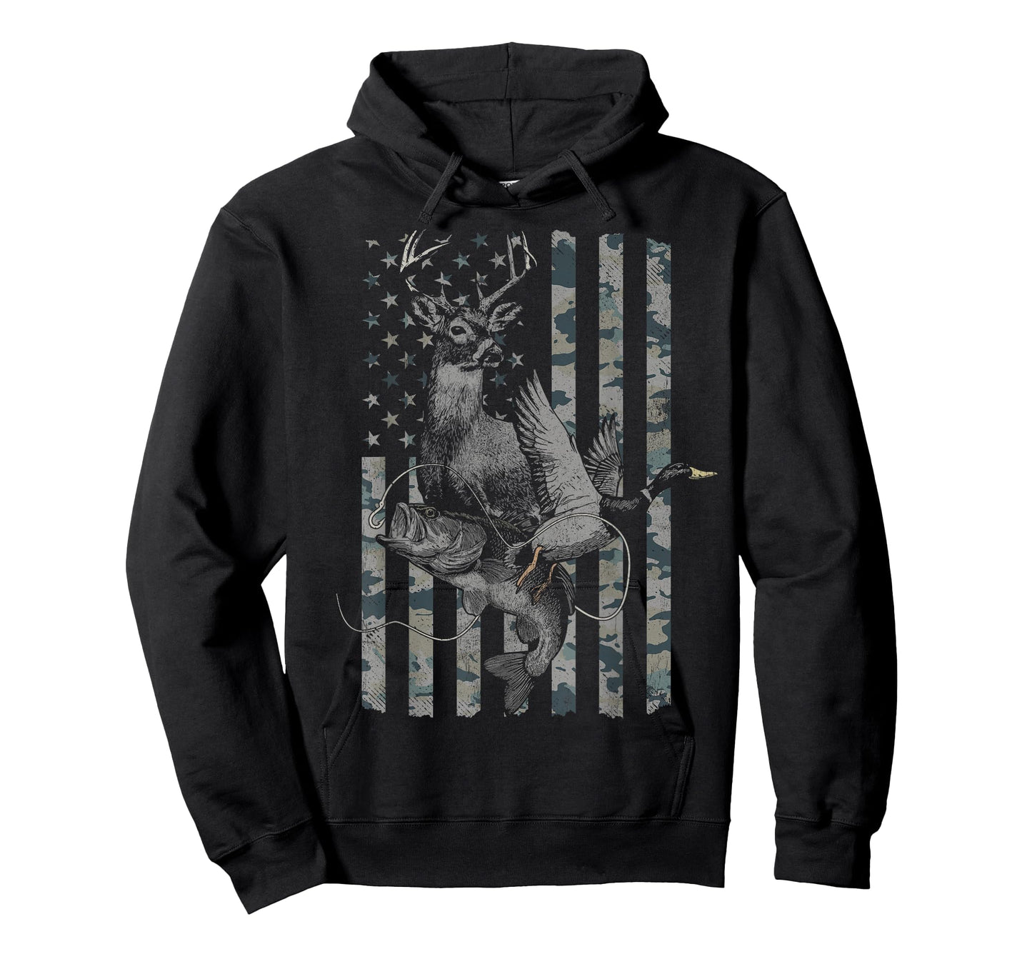 Hunting and Fishing Distressed Camo American Flag T-Shirt
