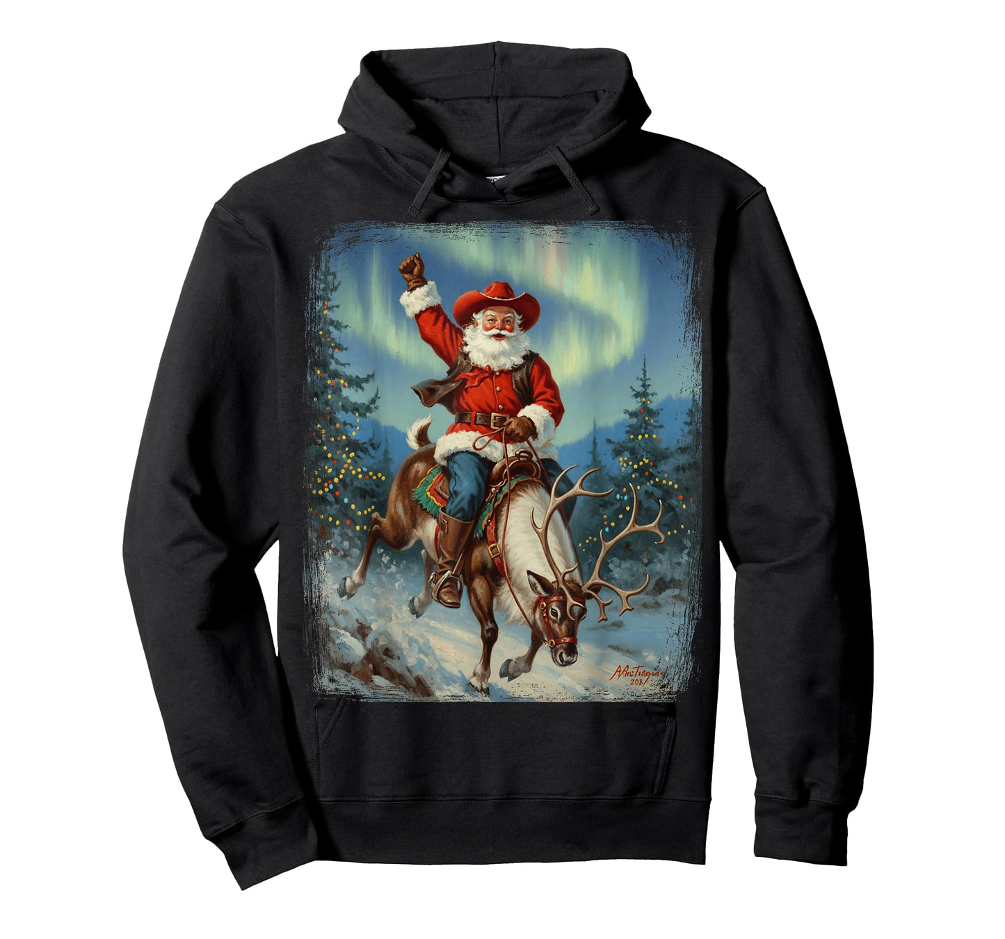 Riding A Reindeer Under The Northern Lights Cowboy Santa T-Shirt