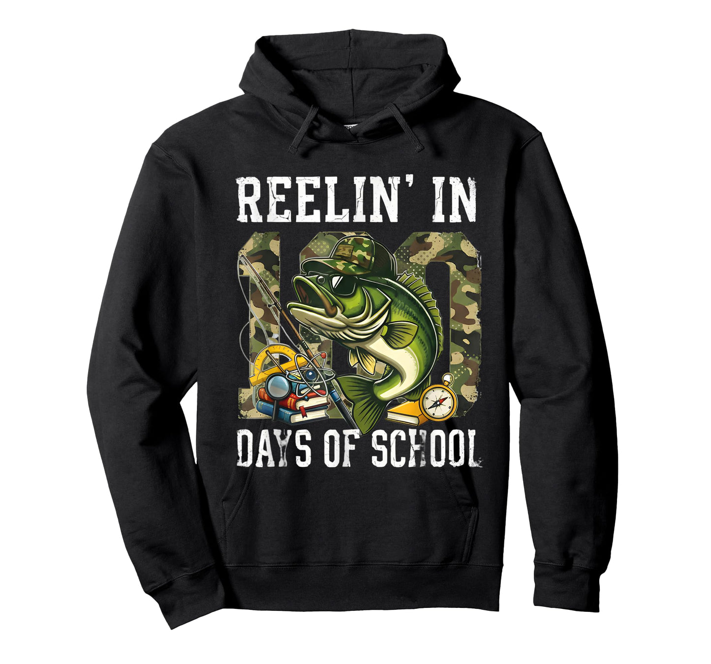Reelin' in 100 Days of School Bass Camo Fishing Lover Boys T-Shirt