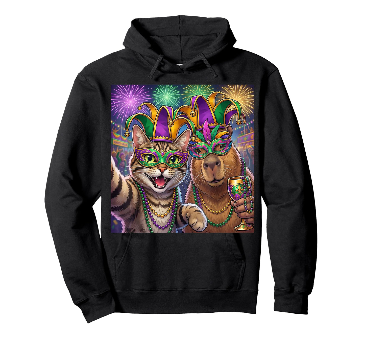 Funny Cat Capybara Selfie Mardi Gras Carnival Party Art T-Shirt