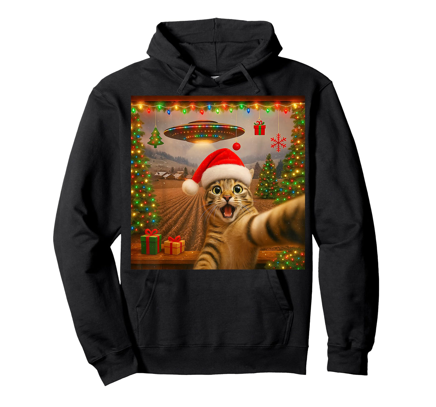 Funny Cat Selfie with Alien UFO Christmas Lights Santa Hat T-Shirt
