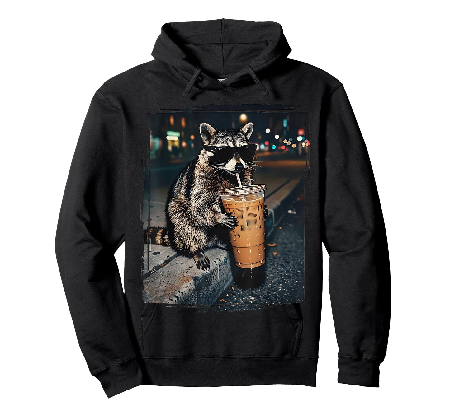 Feral for Iced Coffee Funny Cool Raccoon Drinking Sunglasses T-Shirt
