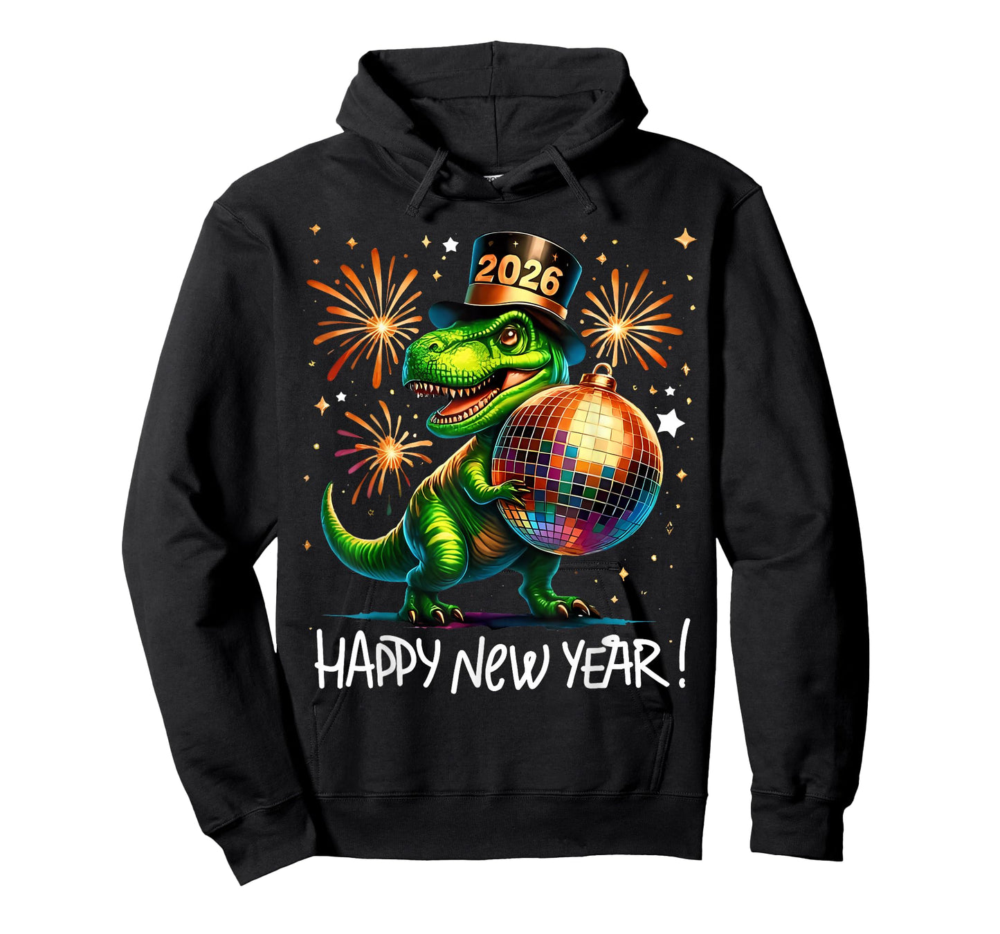 T Rex Happy New Year 2026 Disco Ball Fireworks Tee T-Shirt