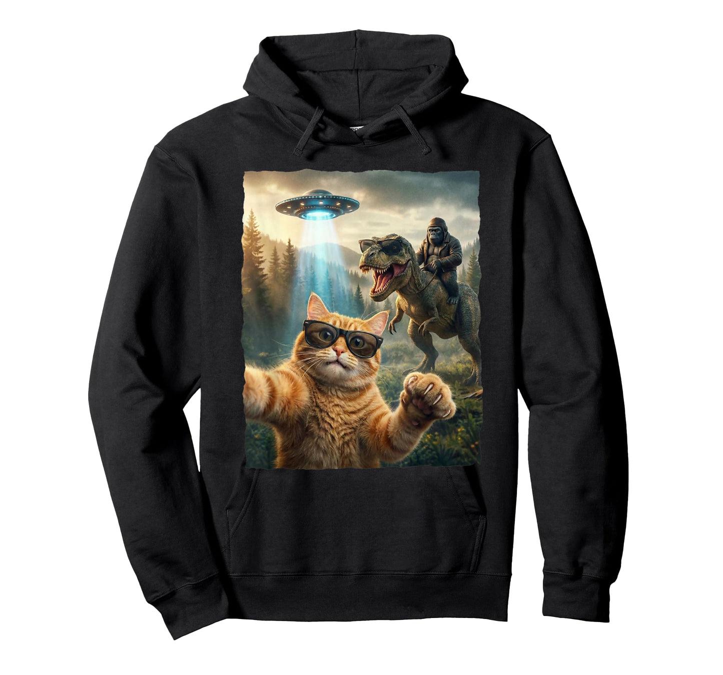 Funny Cat T-Rex Bigfoot Design UFO Selfie T-Shirt