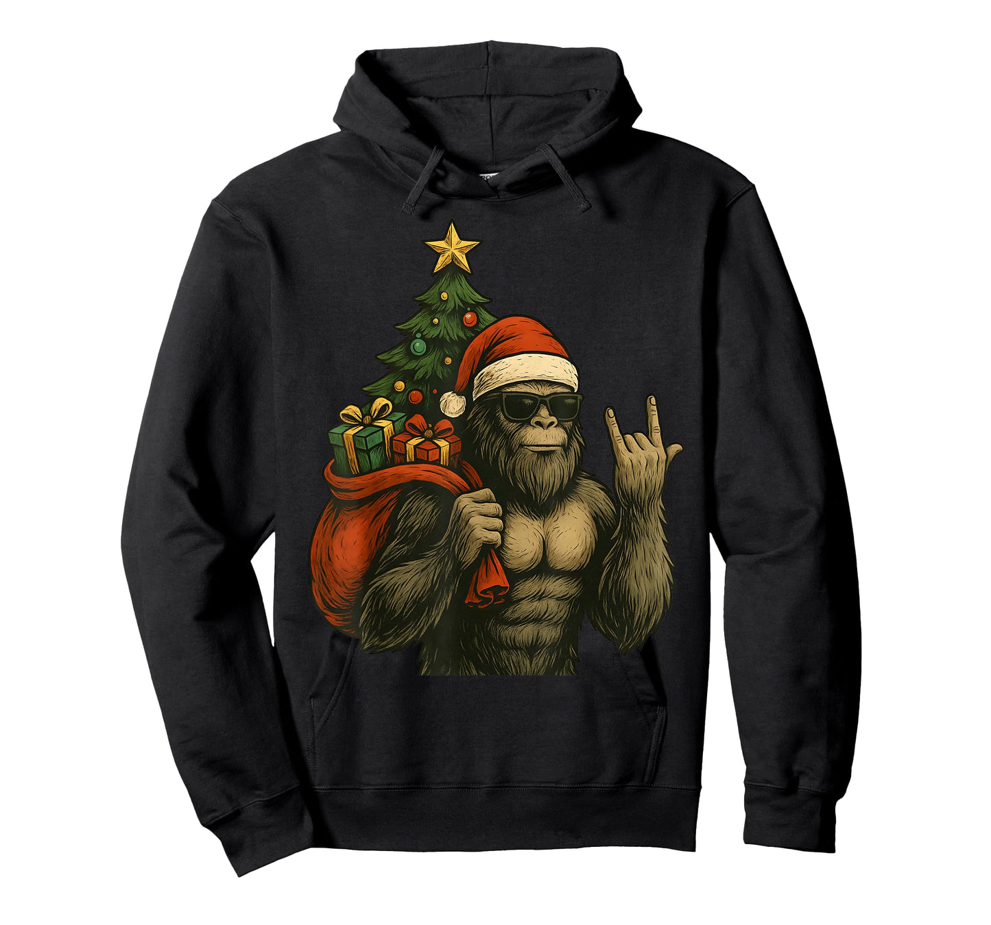 Bigfoot Santa Christmas Tree Rock On Funny Xmas Sasquatch T-Shirt