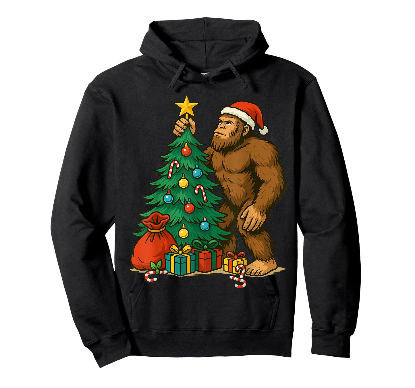 Santa Bigfoot Christmas Tree Lights Xmas Boys Men Sasquatch T-Shirt