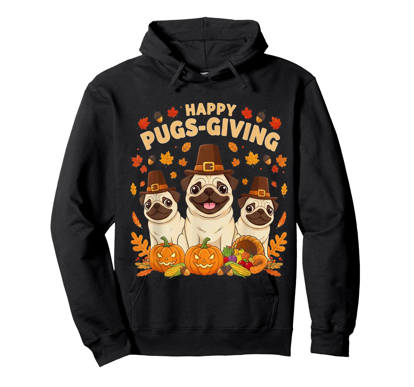 Happy Pugsgiving Cute Thanksgiving Pug Dog Wears Pilgrim Hat T-Shirt