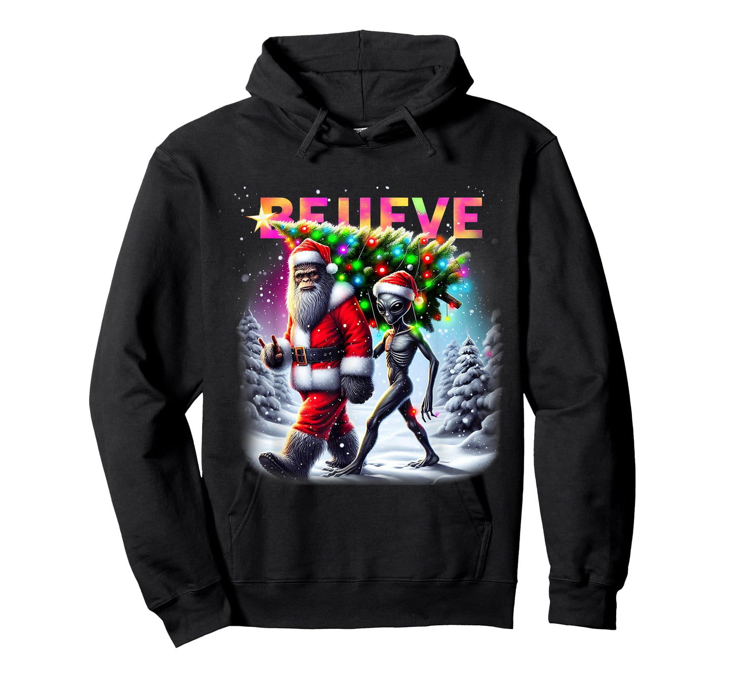 Believe Funny Alien and Bigfoot Christmas Design T-Shirt