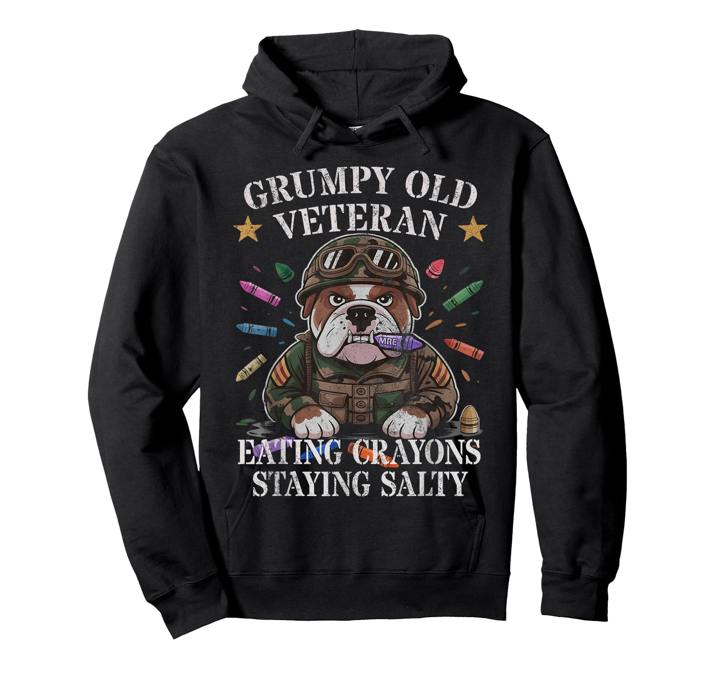 Bulldog Grumpy Old Veteran EAT Crayons Staying Salty Soldier T-Shirt