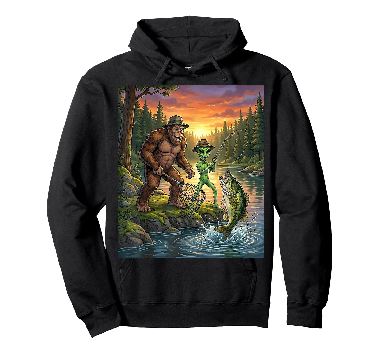 Funny Bigfoot Fishing Mens Alien Sasquatch Fishing Boys T-Shirt