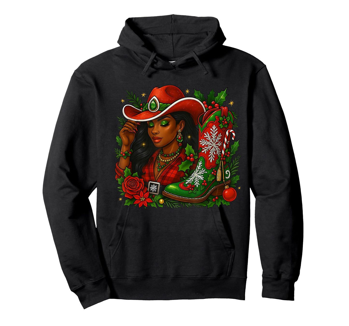 Black Melanin Cowgirl Christmas Boot Western Holiday T-Shirt