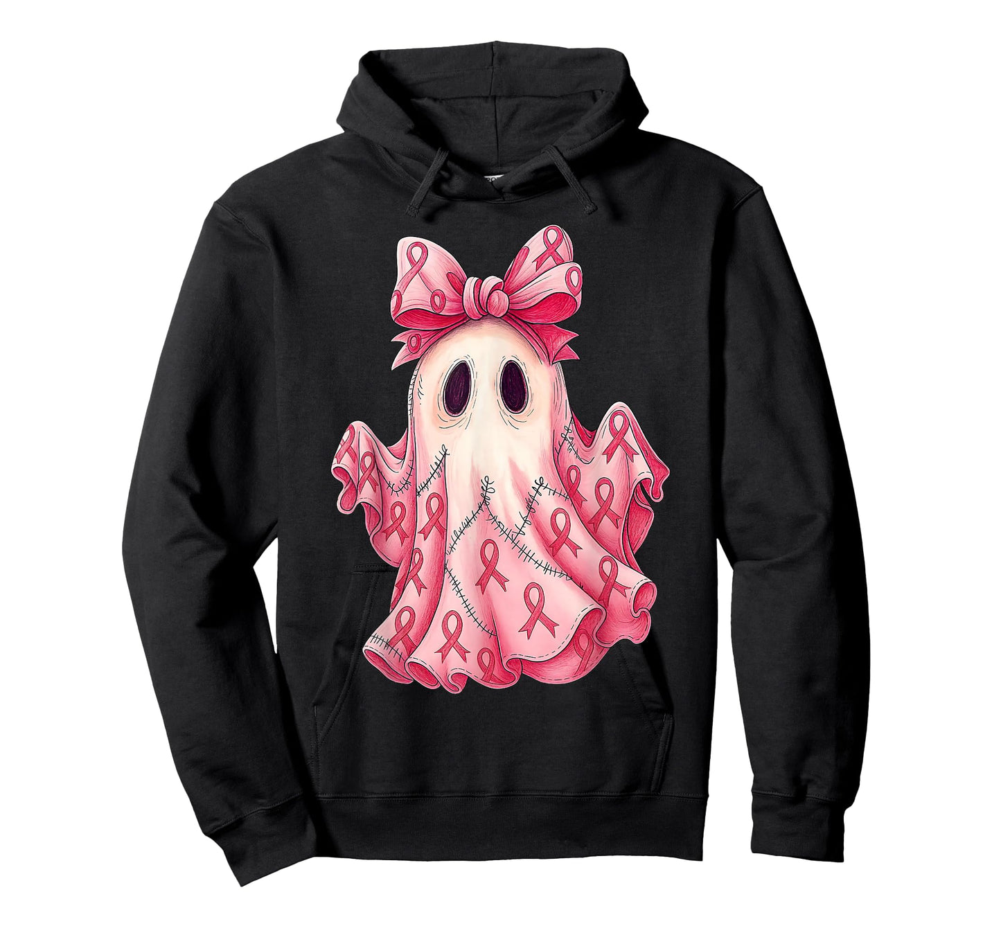 Cute Pink Ribbon Patchwork Ghost Breast Cancer Halloween T-Shirt