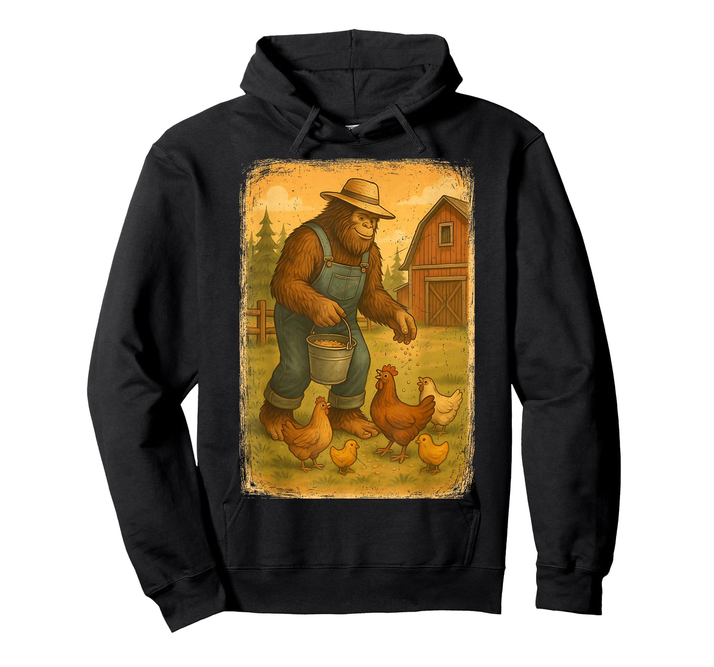 Bigfoot Farmer Sasquatch Feeding Chickens Funny Farming T-Shirt