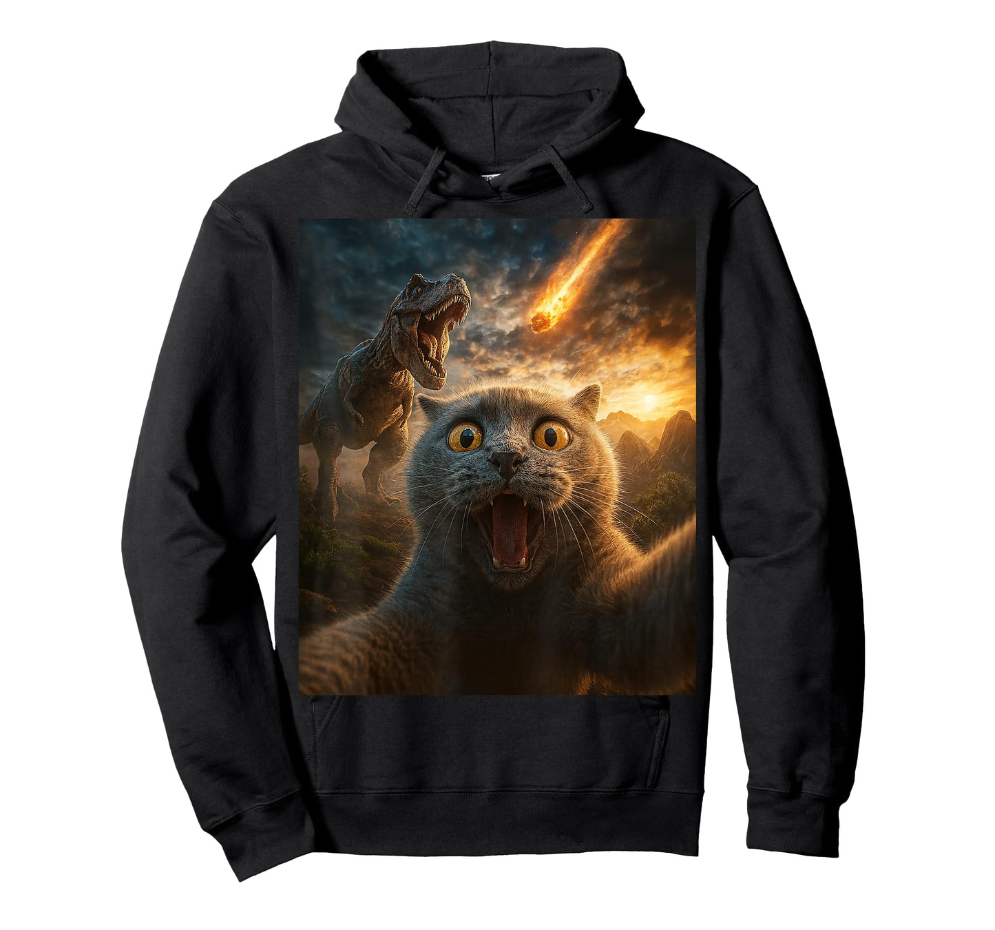 Funny Cat Selfie with Dinosaur and Meteor Apocalypse Gifts T-Shirt