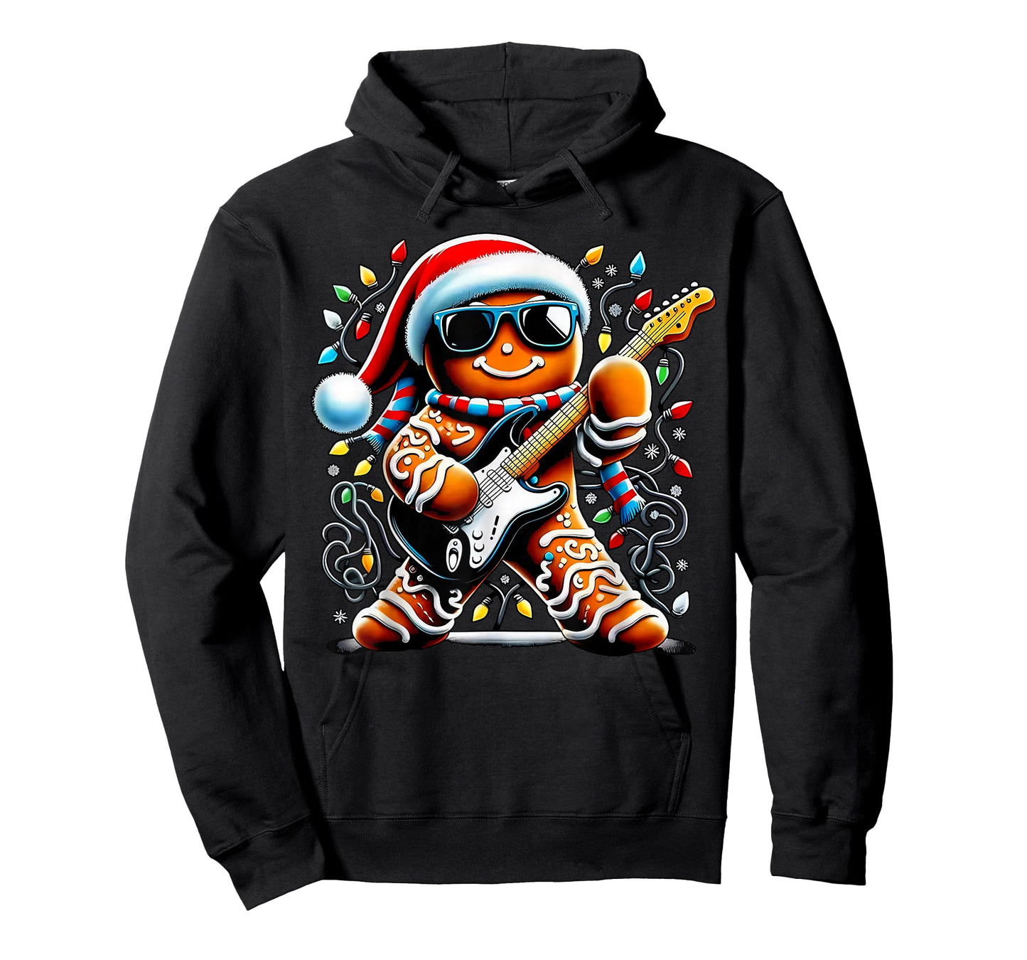 Rock Star Gingerbread Christmas Guitar Lights Men Women Kids T-Shirt