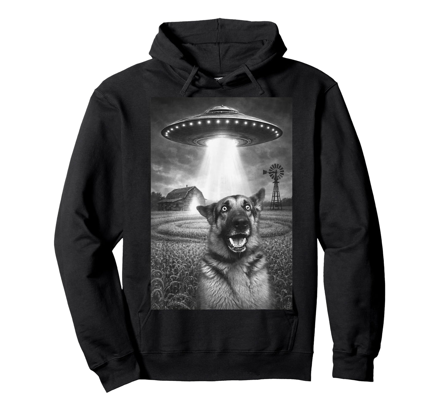 Funny German Shepherd Dog Shocked UFO Alien Abduction Farm T-Shirt