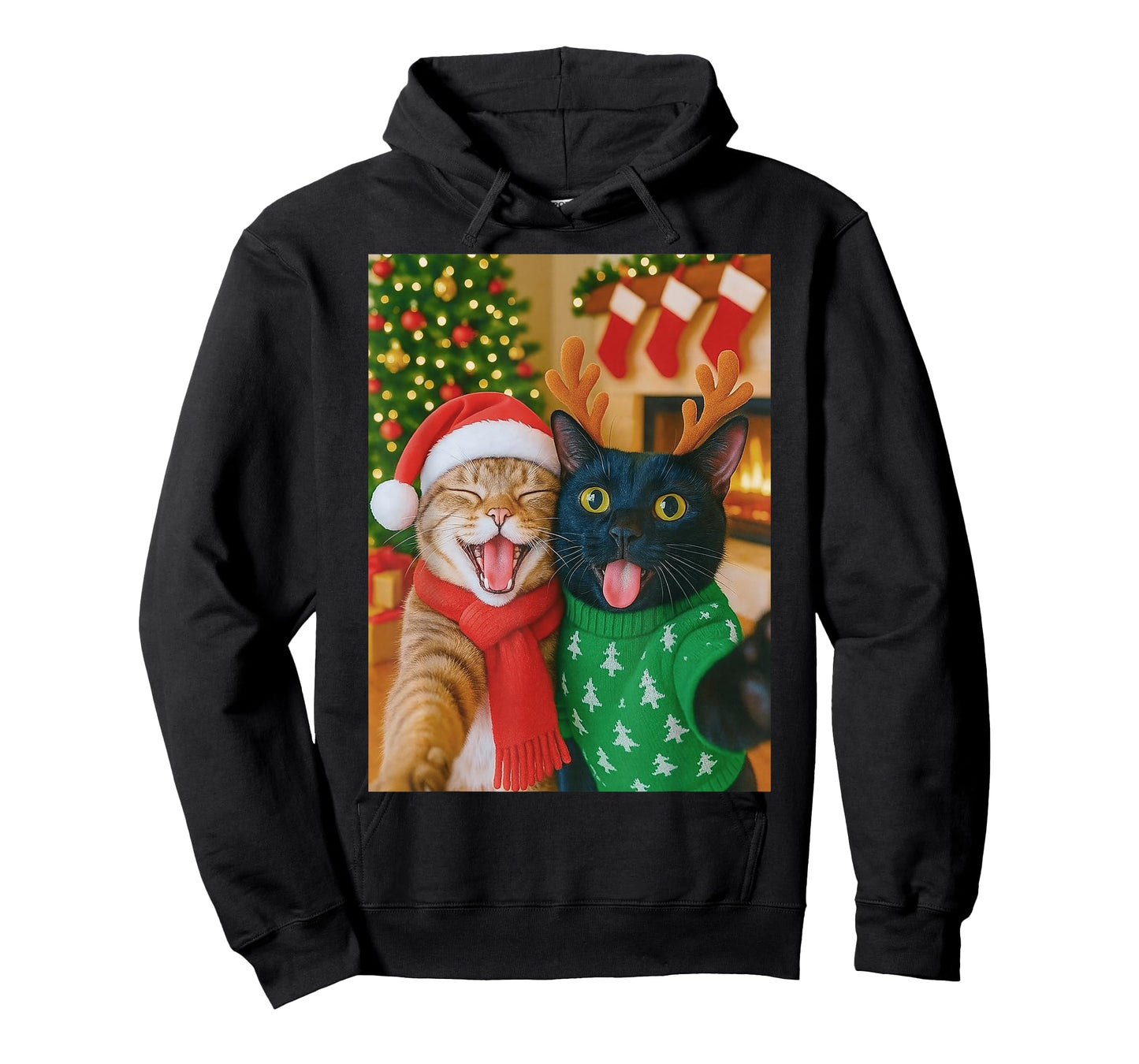 Funny Meme Cat Taking A Selfie Christmas Xmas Lights Holiday T-Shirt