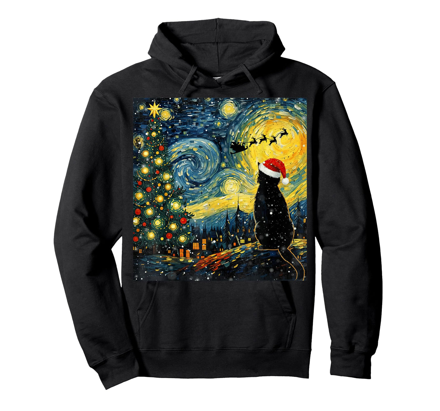 Santa Cat Starry Night Vintage Funny Christmas Vibes Art T-Shirt