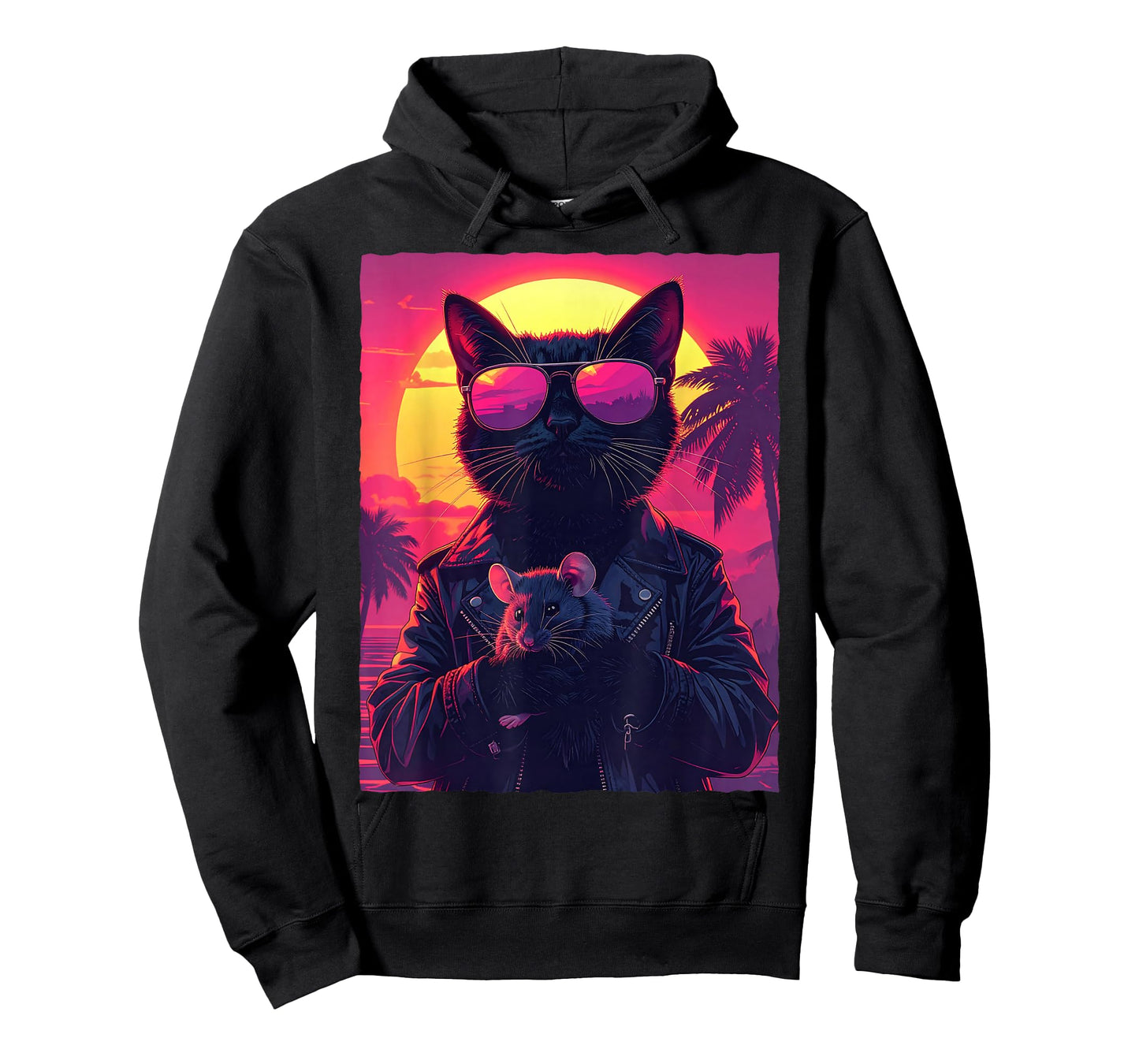 Cool Black Cat with Mouse and Retro Sunset T-Shirt