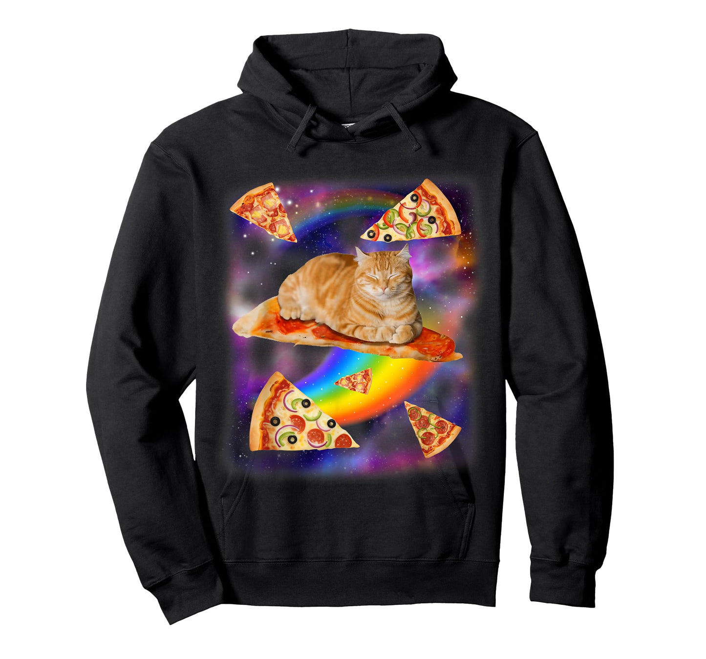 Funny Cat Riding Pizza Galaxy Cat in Space with Rainbows T-Shirt