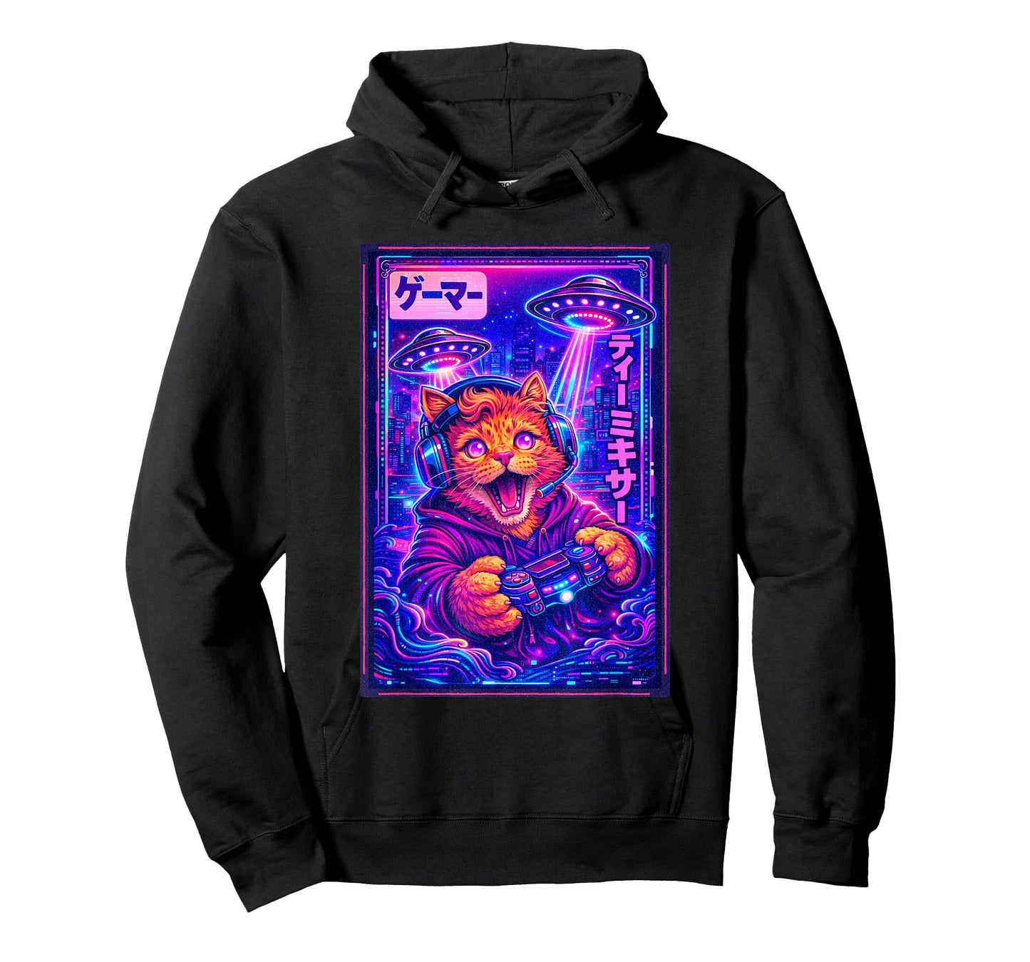 Japanese Synthwave Sci Fi UFO Cat Graphic Cool Gamer T-Shirt