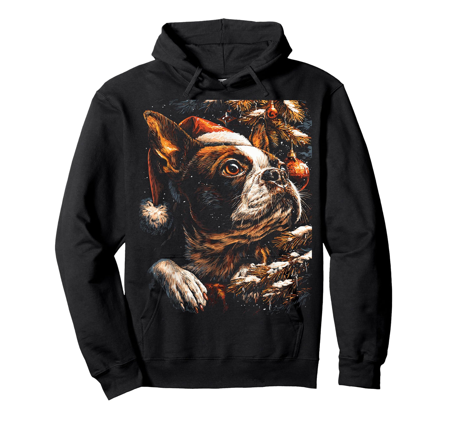 Christmas Boston Terrier Santa Hat Festive Winter Snowy Dog T-Shirt