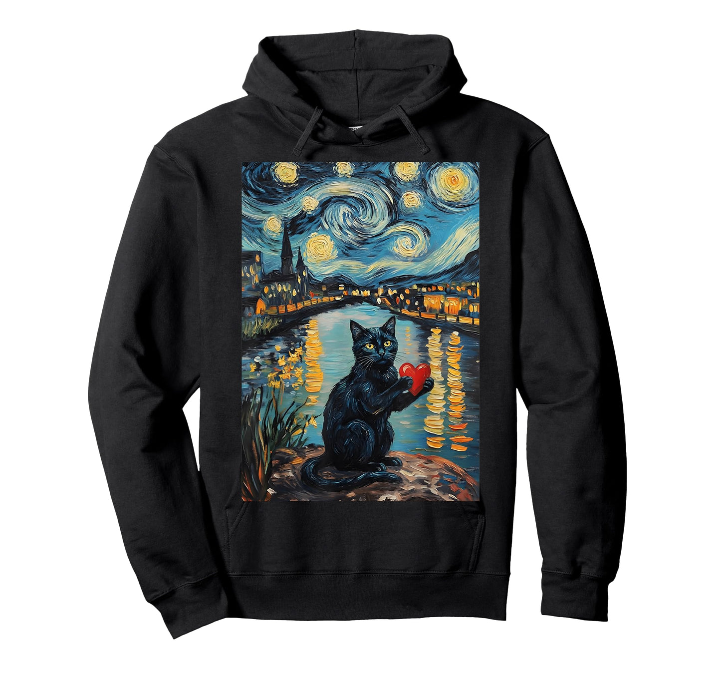 Black Cat Starry Night Van Gogh Valentine's Day Cat Lover T-Shirt