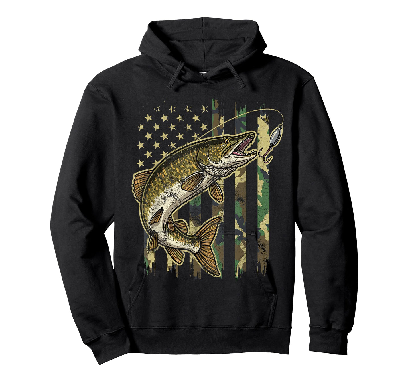 Vintage Northern Pike Fishing Camo American Flag T-Shirt