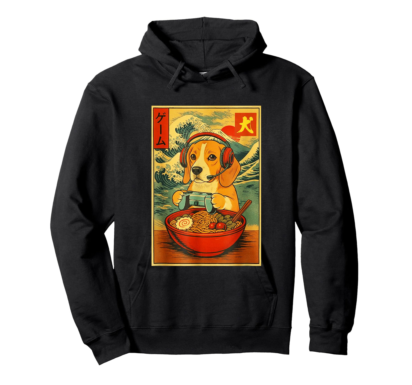 Beagle Dog Gaming Ramen Japanese Ukiyo-e Great Wave Retro T-Shirt