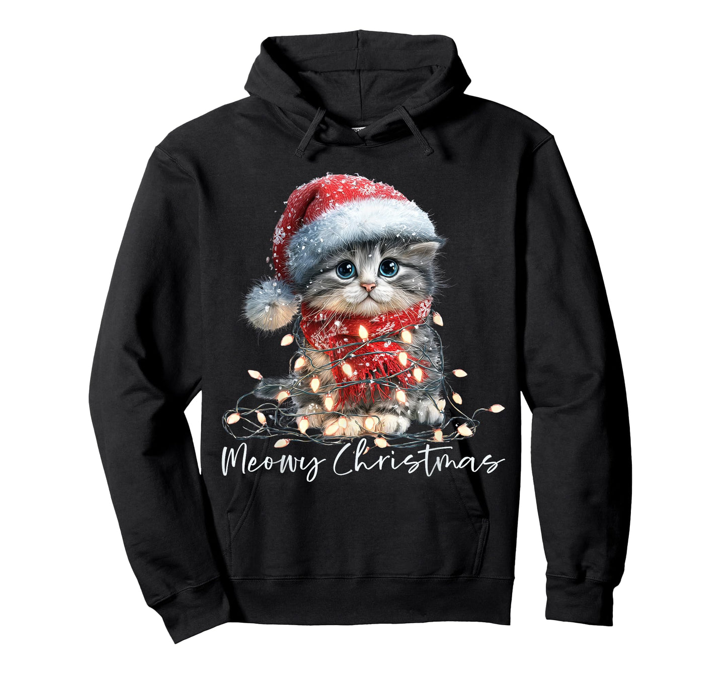 Meowy Christmas Black Cat Lights Santa Hat Funny Holiday T-Shirt