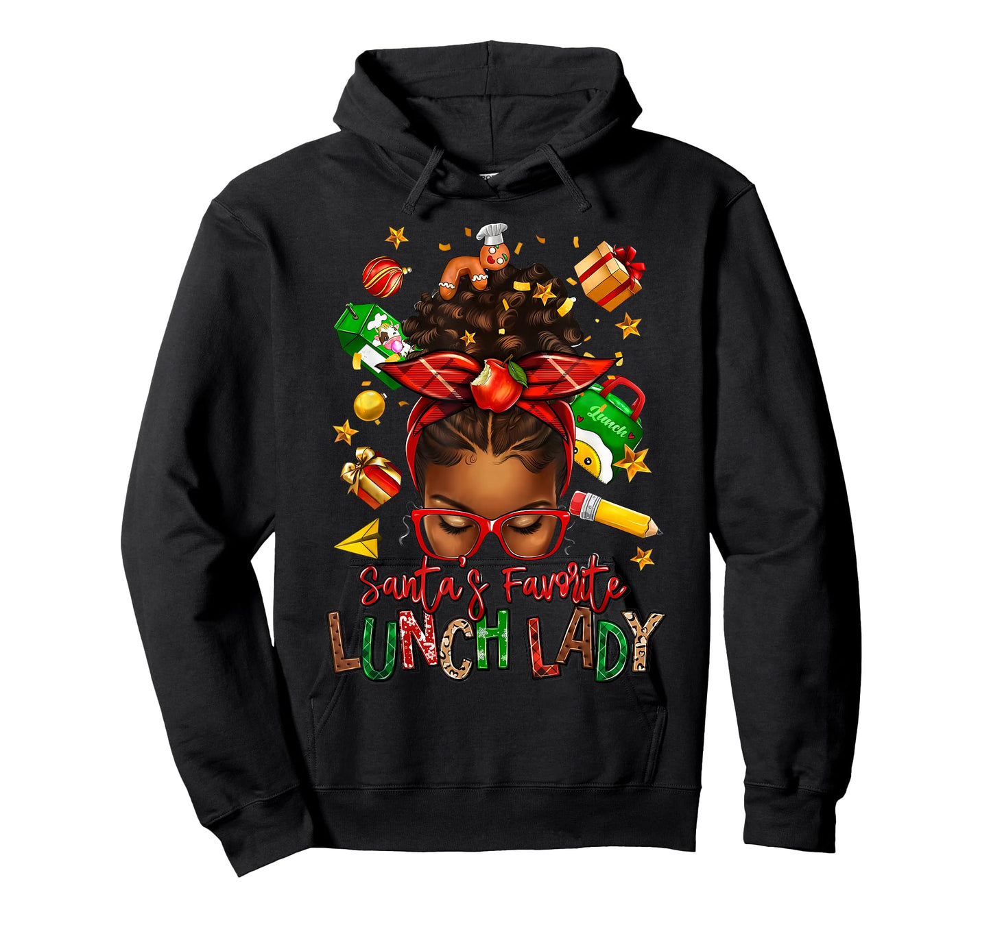 Santa's Favorite Lunch Lady Afro Messy Bun Woman Christmas T-Shirt