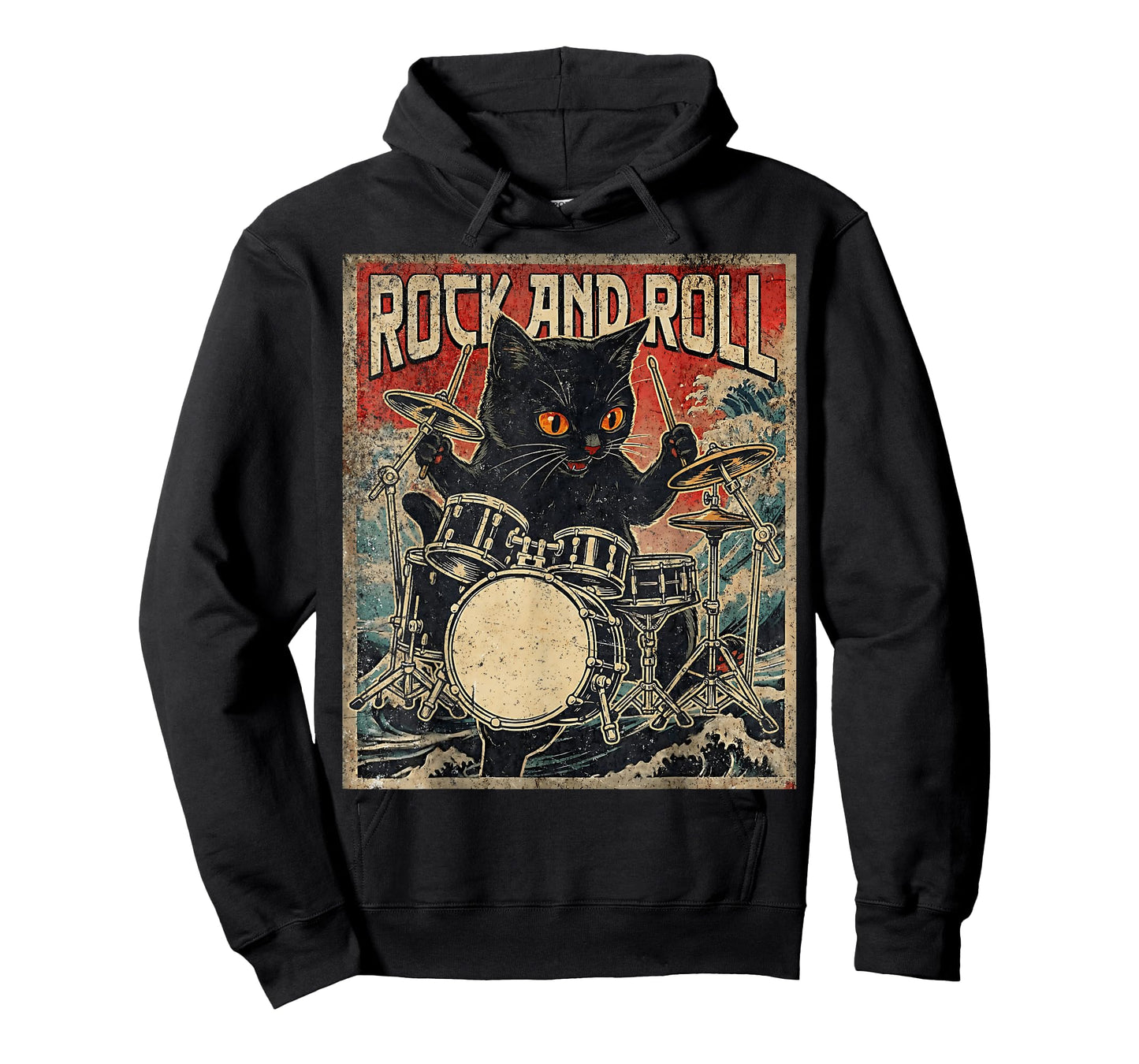 Cat Playing Drums Rock On Vintage Rock Drummer Cat T-Shirt