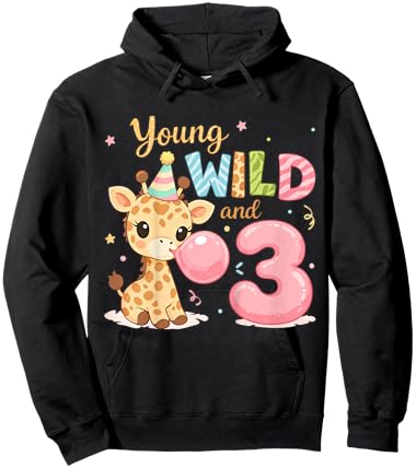 Kids Kids 3rd Birthday Young Wild and Three 3 Year Old Giraffe Hoodie - Hoodie | Black