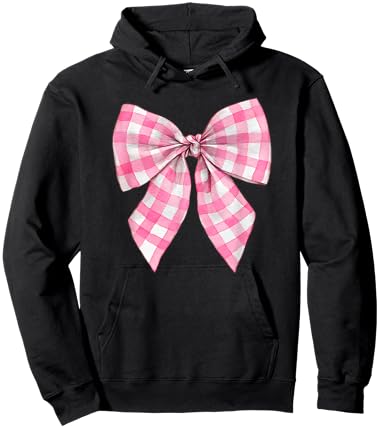 Pink and White Gingham Plaid Coquette Bow Trendy Retro Cute Hoodie - Hoodie | Black