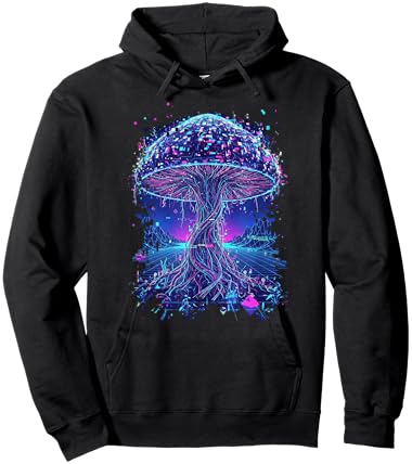 Psychedelic Glitch Mushroom | Cyberpunk Neon Nature Network Hoodie - Hoodie | Black
