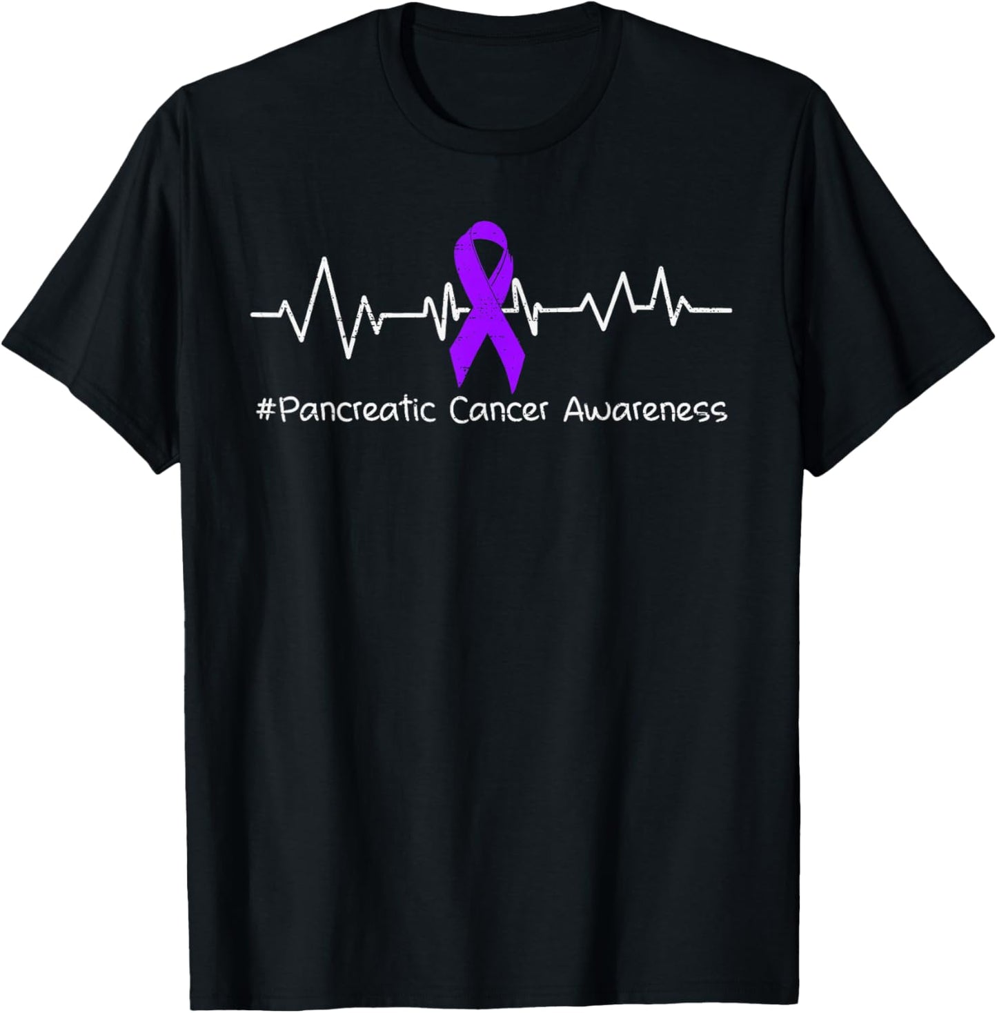 Pancreatic Cancer Awareness Heartbeat Ribbon Purple Support T-Shirt - T-Shirt | Black