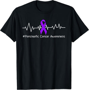 Pancreatic Cancer Awareness Heartbeat Ribbon Purple Support T-Shirt - T-Shirt | Black