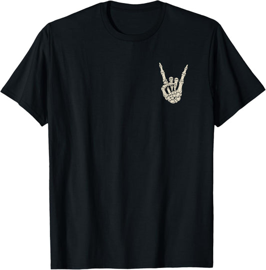 Skeleton Guitar Rock Hands Skull (Design on Front and Back) T-Shirt - T-Shirt | Black