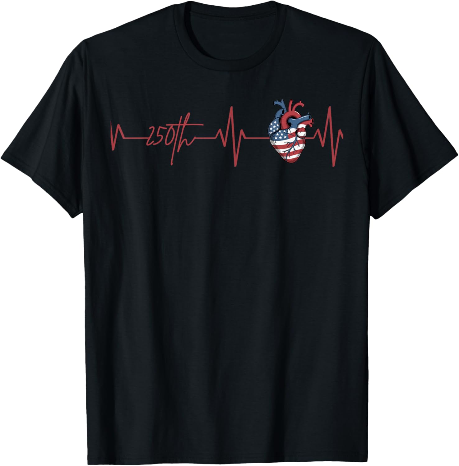 Heartbeat 250th Celebration American Flag Design T-Shirt - T-Shirt | Black